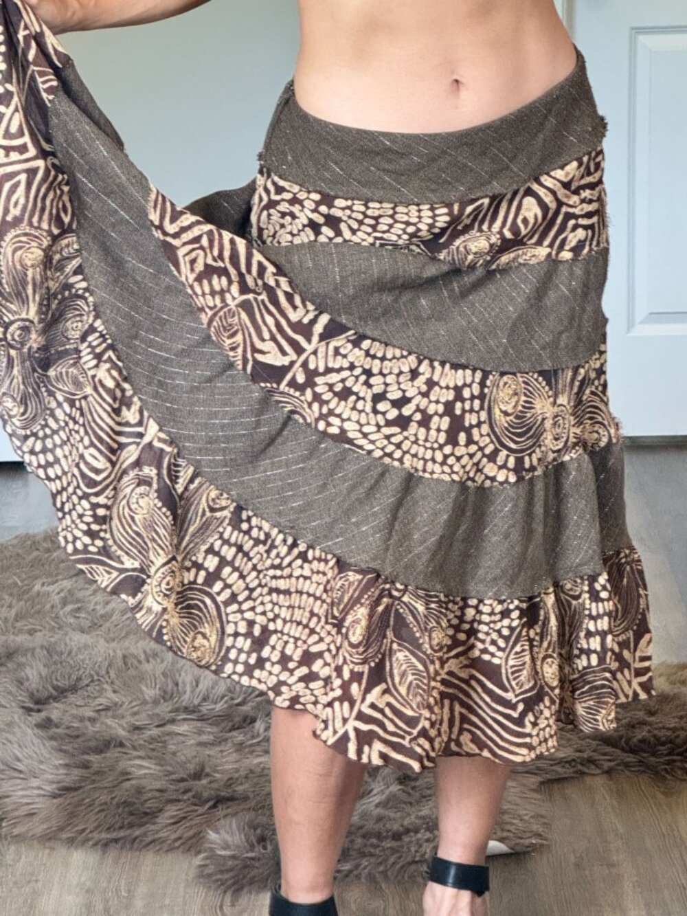 Vintage Y2K Brown Tiered Midi Skirt Womens S Grunge Festival Fairy Boho USA Made
